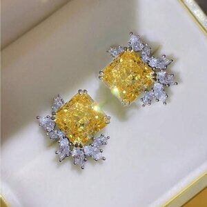 Yellow Radiant Cut Crystal Stud Earrings W/ CZ Halo 1.6cm X 1.3cm Elegant Square